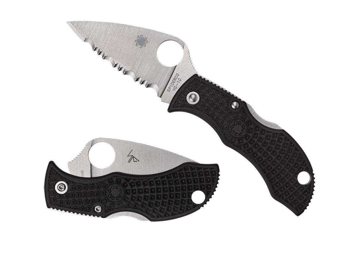 Spyderco Manbug MBKLFS dettaglio lama Leaf seghettata VG-10 e FRN nero portachiavi