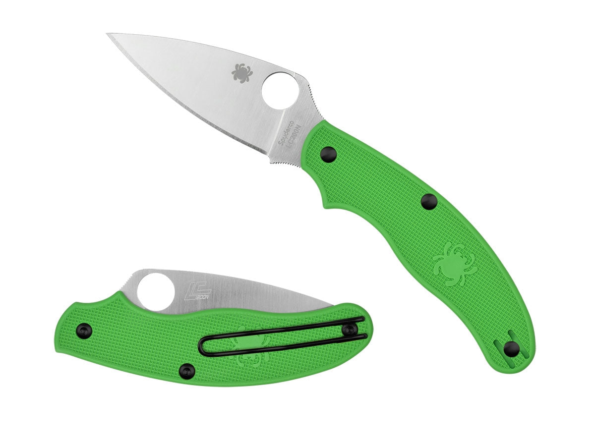 Spyderco UK Penknife Salt C94PGR dettaglio lama H-1 e clip tascabile su manico FRN verde