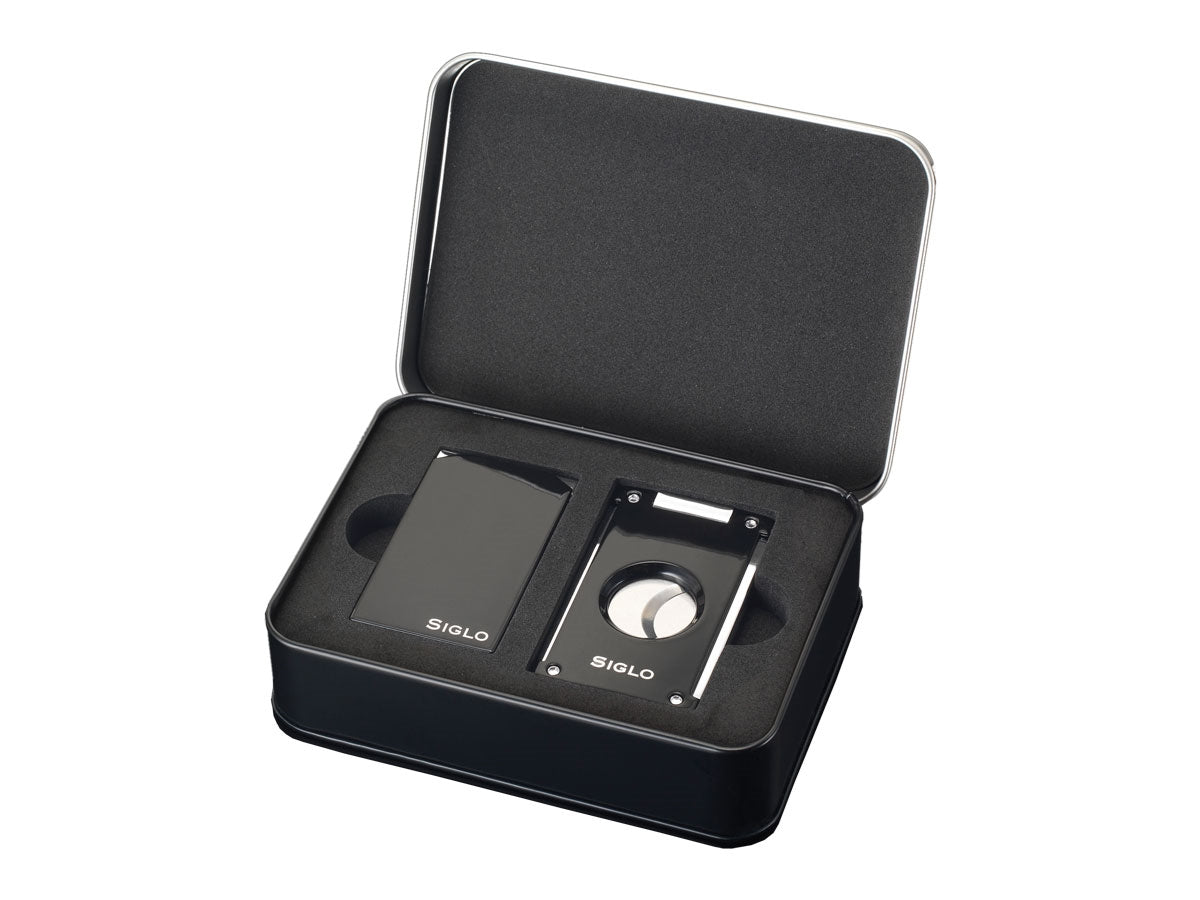 Set Siglo Vibrant accendino Twin Flame e tagliasigari Switch Blade scatola latta nera nero
