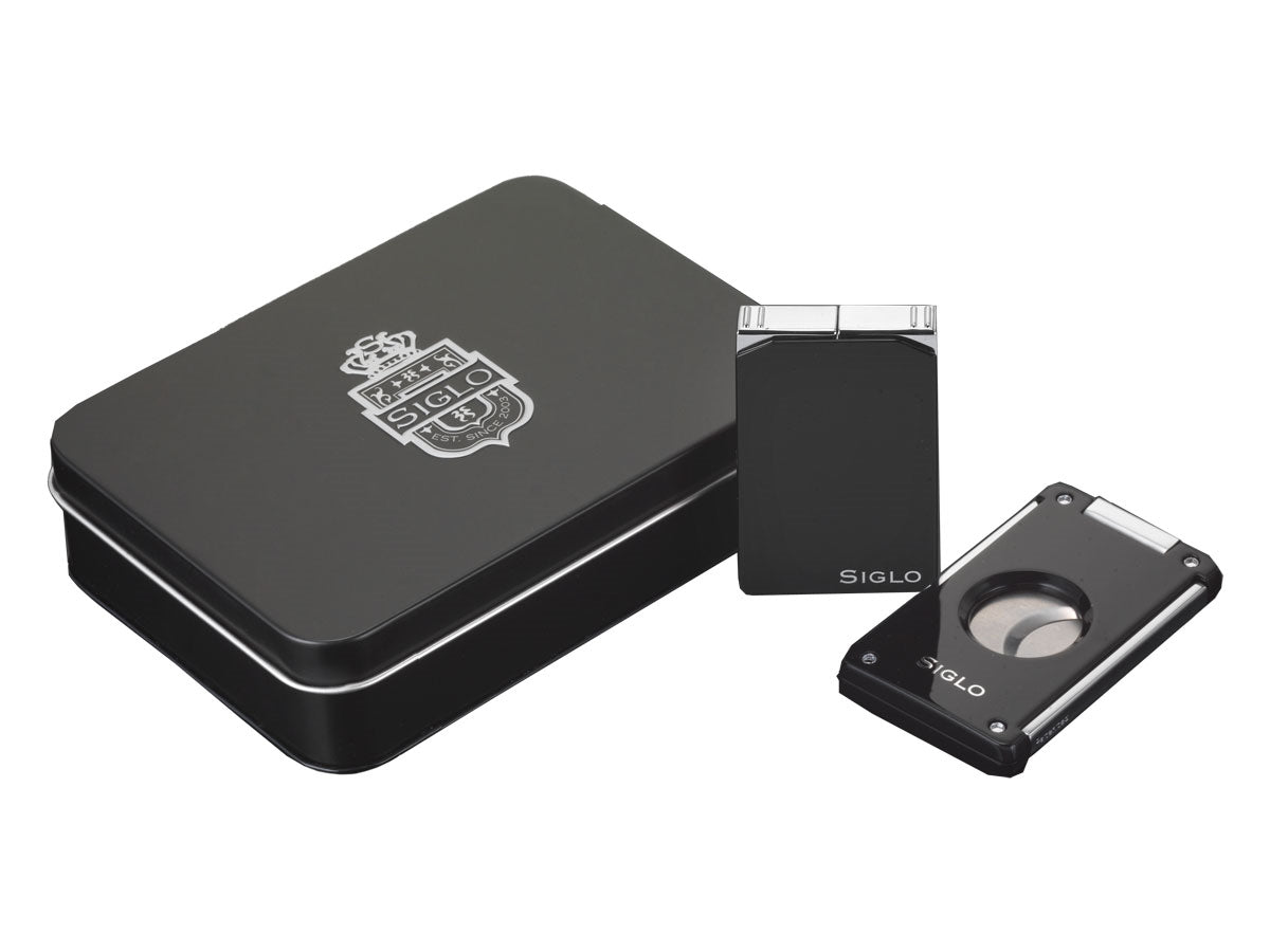 Siglo Vibrant Set nero dettaglio accendino fiamma jet e normale e cutter