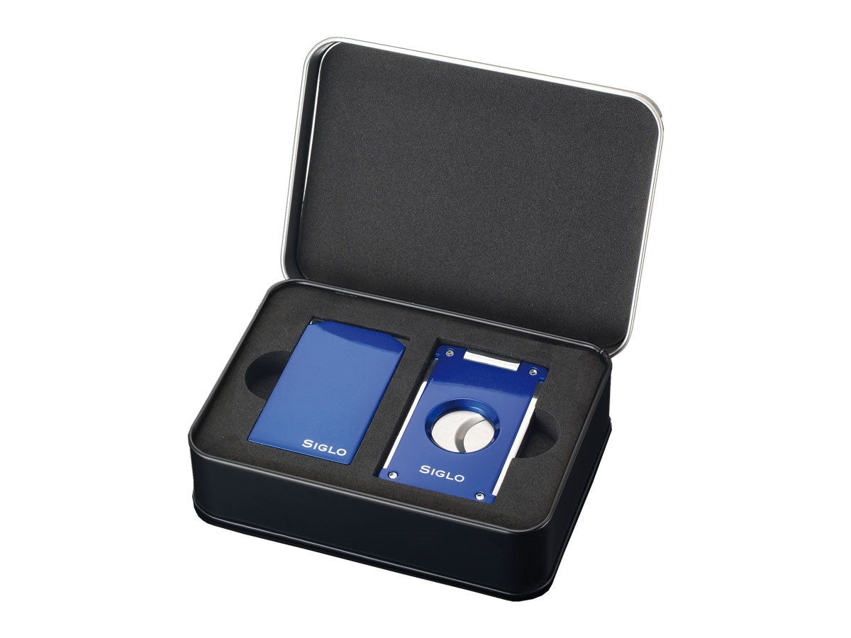 Set Siglo Vibrant accendino Twin Flame e tagliasigari Switch Blade scatola latta nera blu