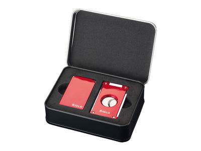 Set Siglo Vibrant accendino Twin Flame e tagliasigari Switch Blade scatola latta nera rosso