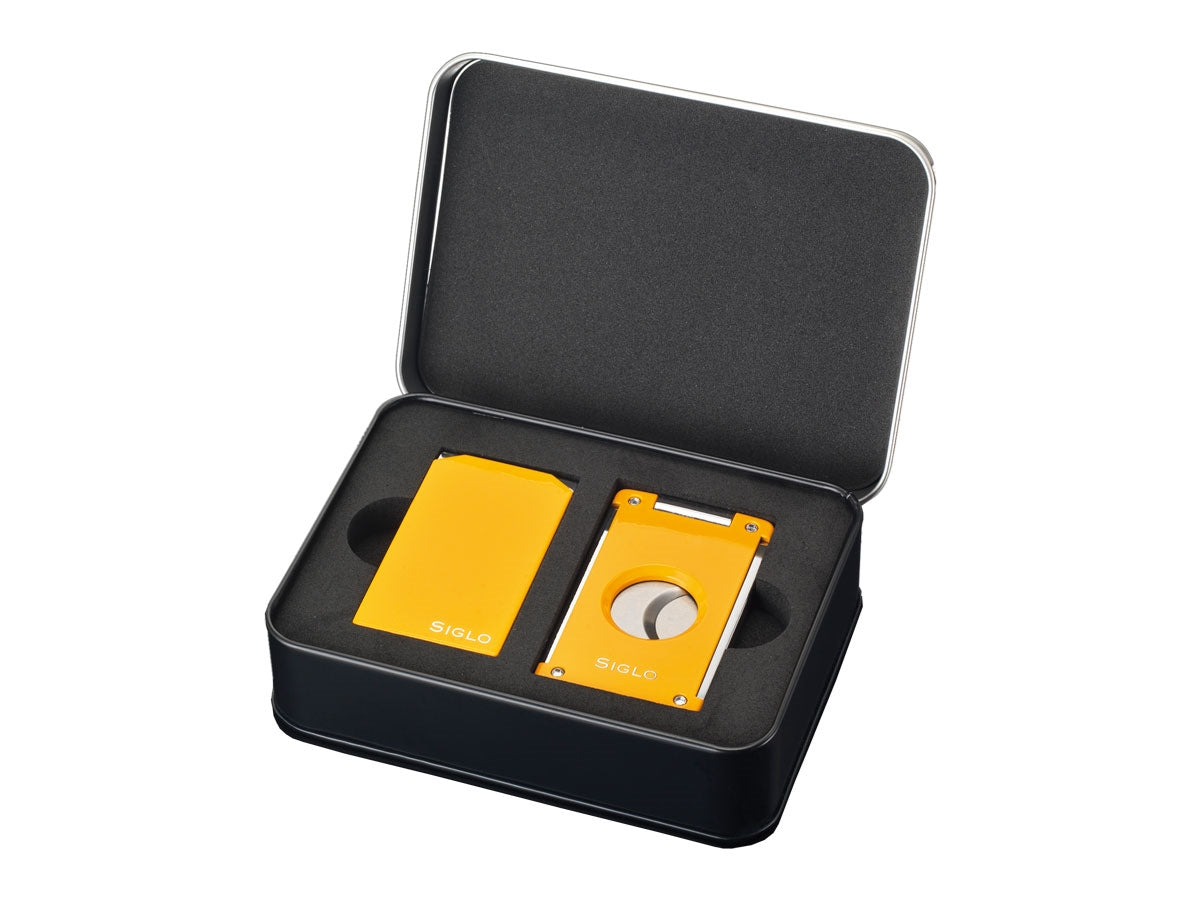 Set Siglo Vibrant accendino Twin Flame e tagliasigari Switch Blade scatola latta nera giallo