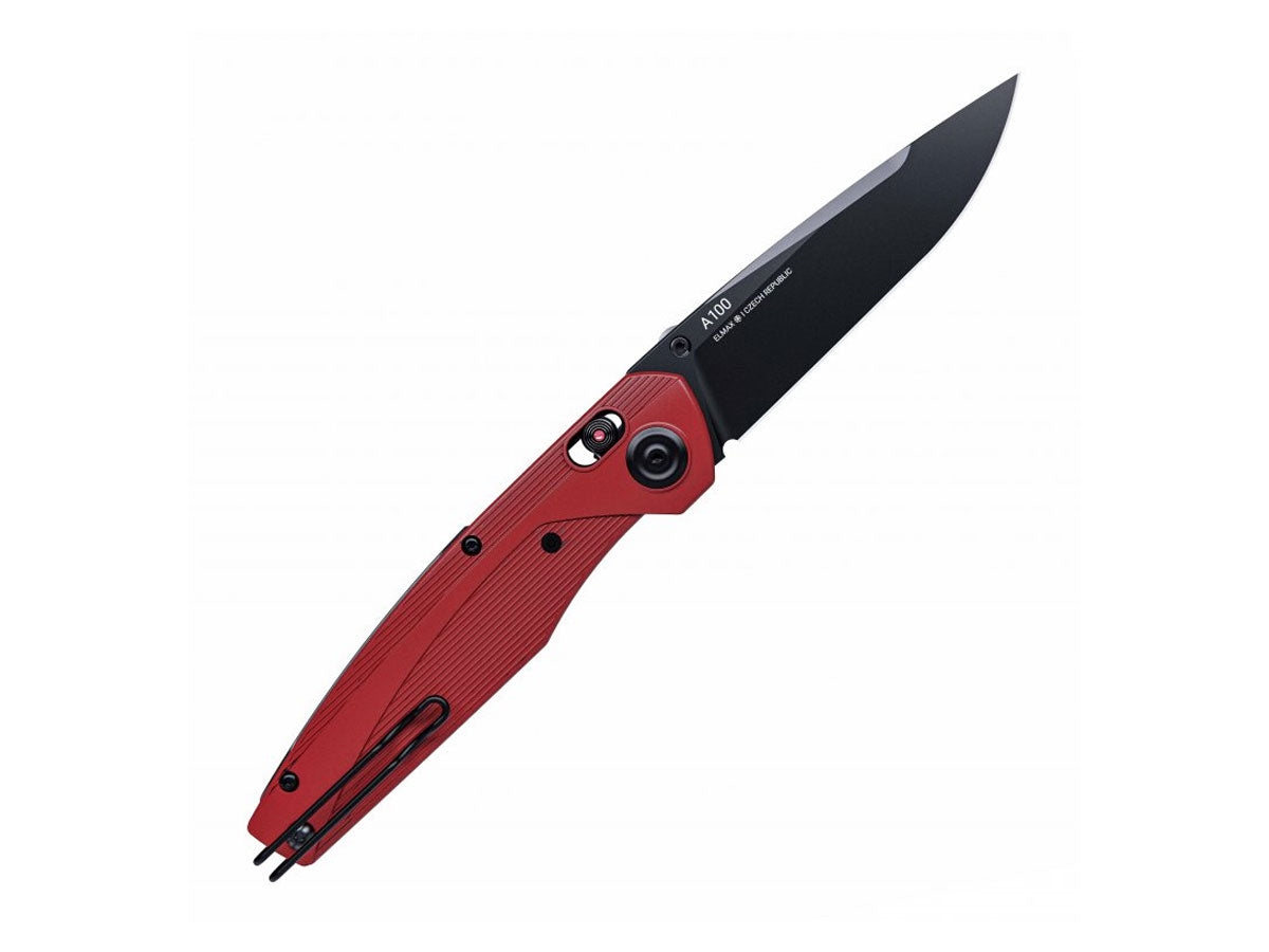 Dettaglio lama drop point Sleipner DLC ANV A100 pulsante ANV ambidestro