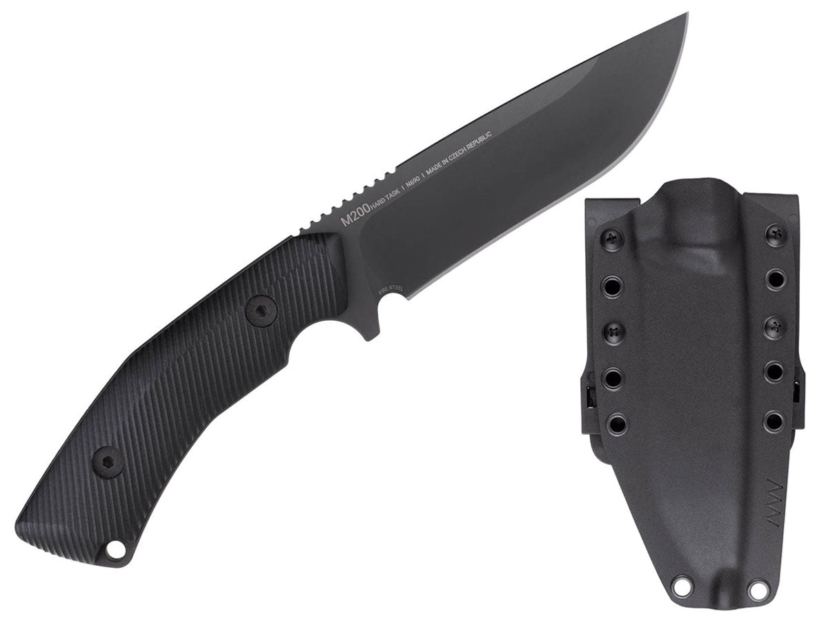 Dettaglio lama Sleipner DLC ANV M200 HT fodero Kydex due clip a molla
