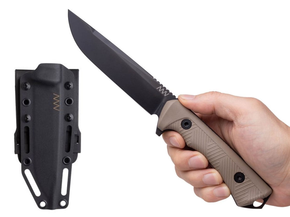 Dettaglio lama Sleipner cerakote ANV P300 manico GRNP coyote 3D ergonomico