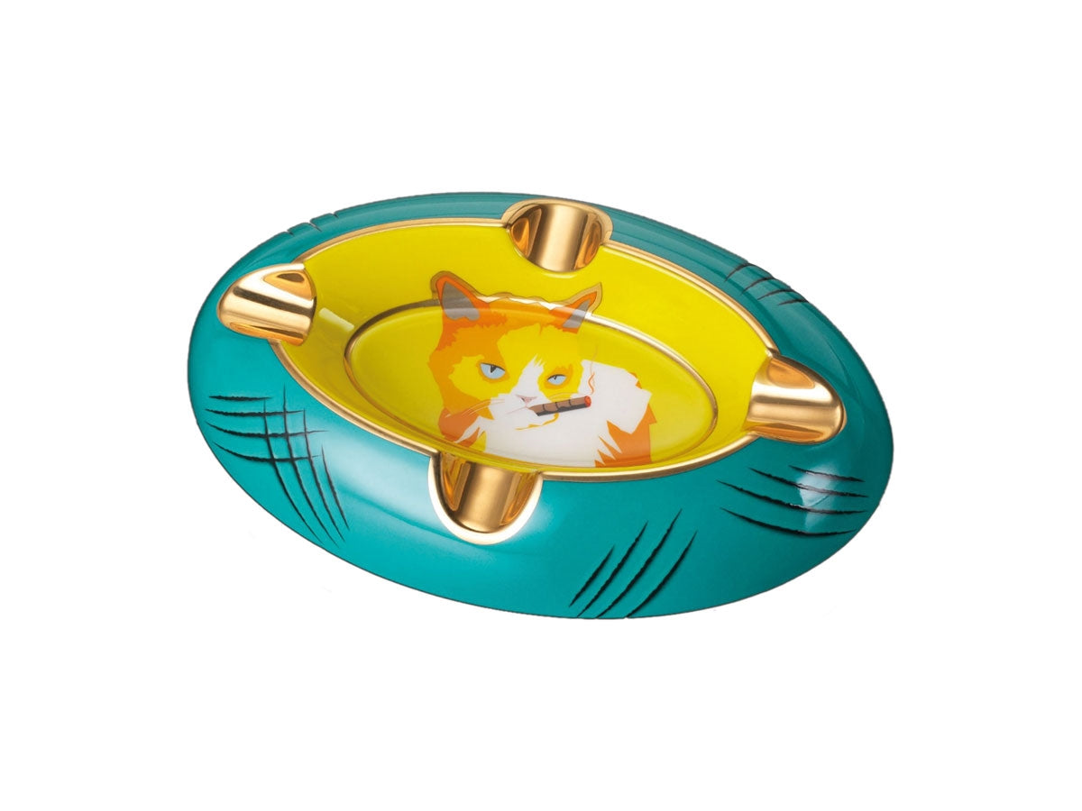 Posacenere Siglo Grumpy Cat fine bone china colori giallo verde poggiasigari oro