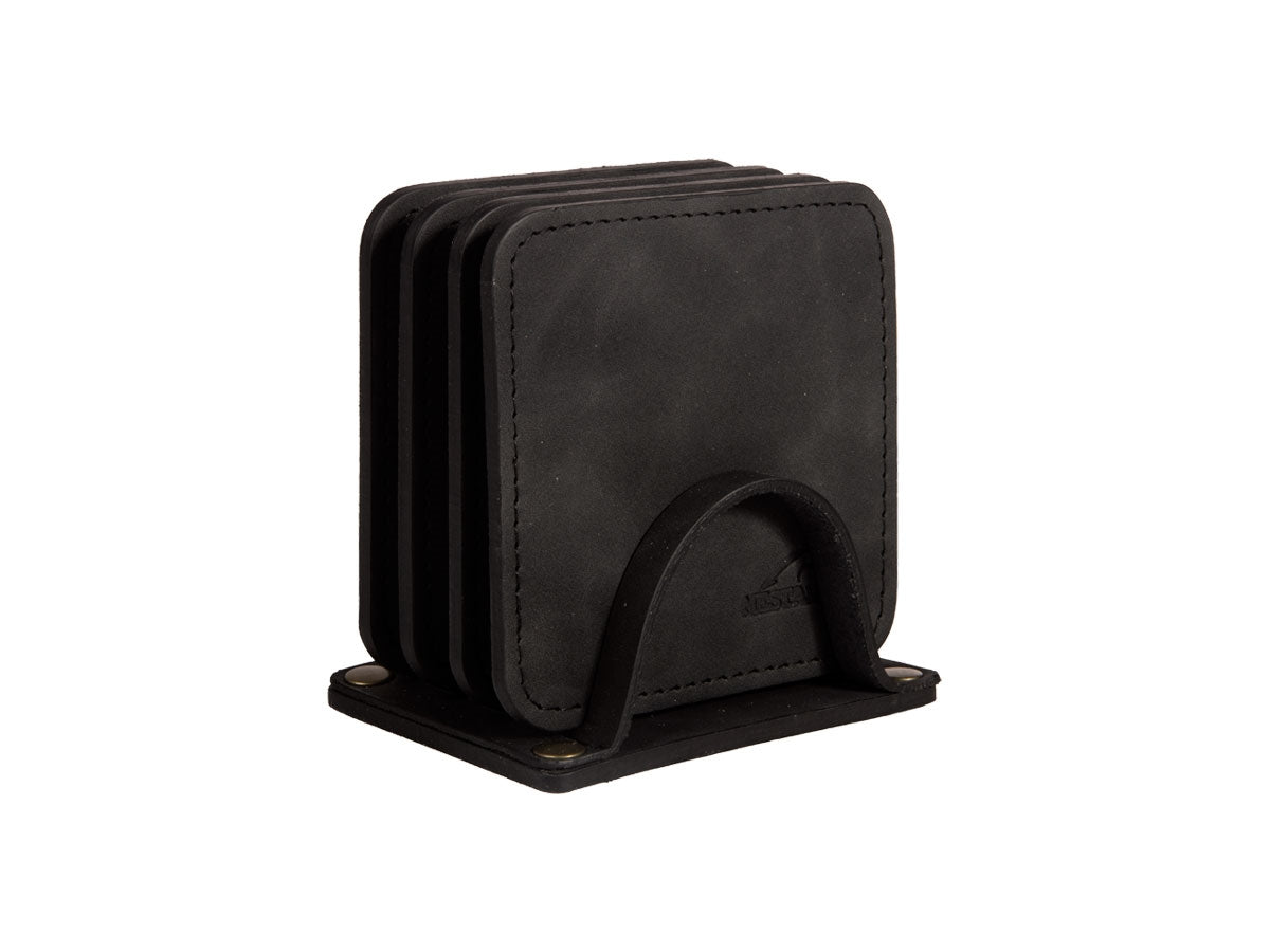 Set 4 sottobicchieri Mestango 2223 in cuoio nero artigianale, 9x9 cm
