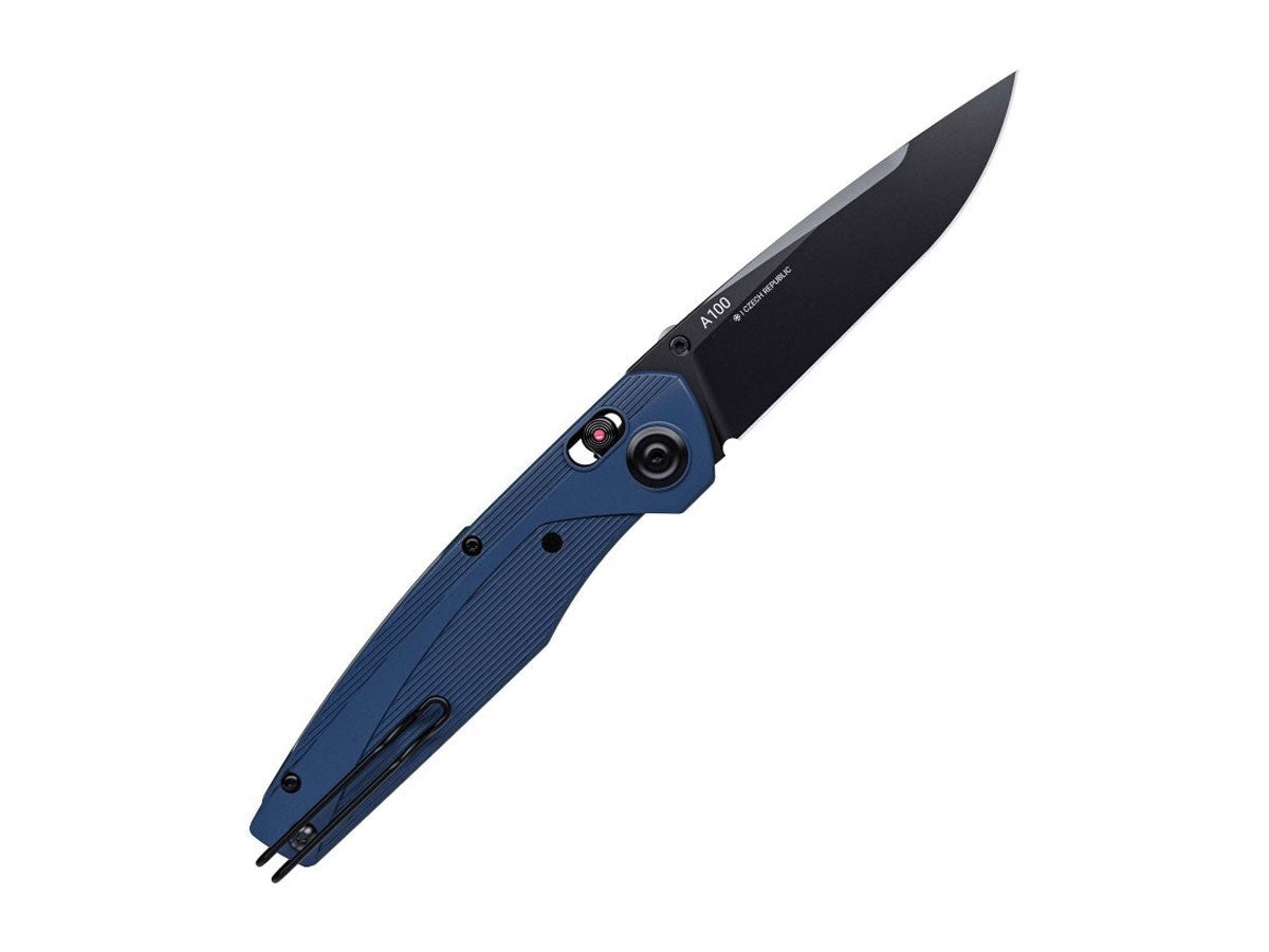 Dettaglio lama drop point Sleipner DLC ANV A100 BB GRN blu pulsante ANV