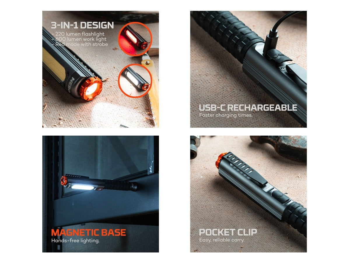 NEBO BIG LARRY PRO+ Black Line - luce rossa COB emergenza, clip acciaio e base magnetica
