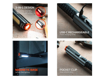 NEBO BIG LARRY PRO+ Black Line - luce rossa COB emergenza, clip acciaio e base magnetica