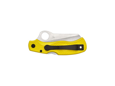 Spyderco Saver Salt C118SYL dettaglio lama H-2 e Trademark Round Hole 14 mm su FRN giallo