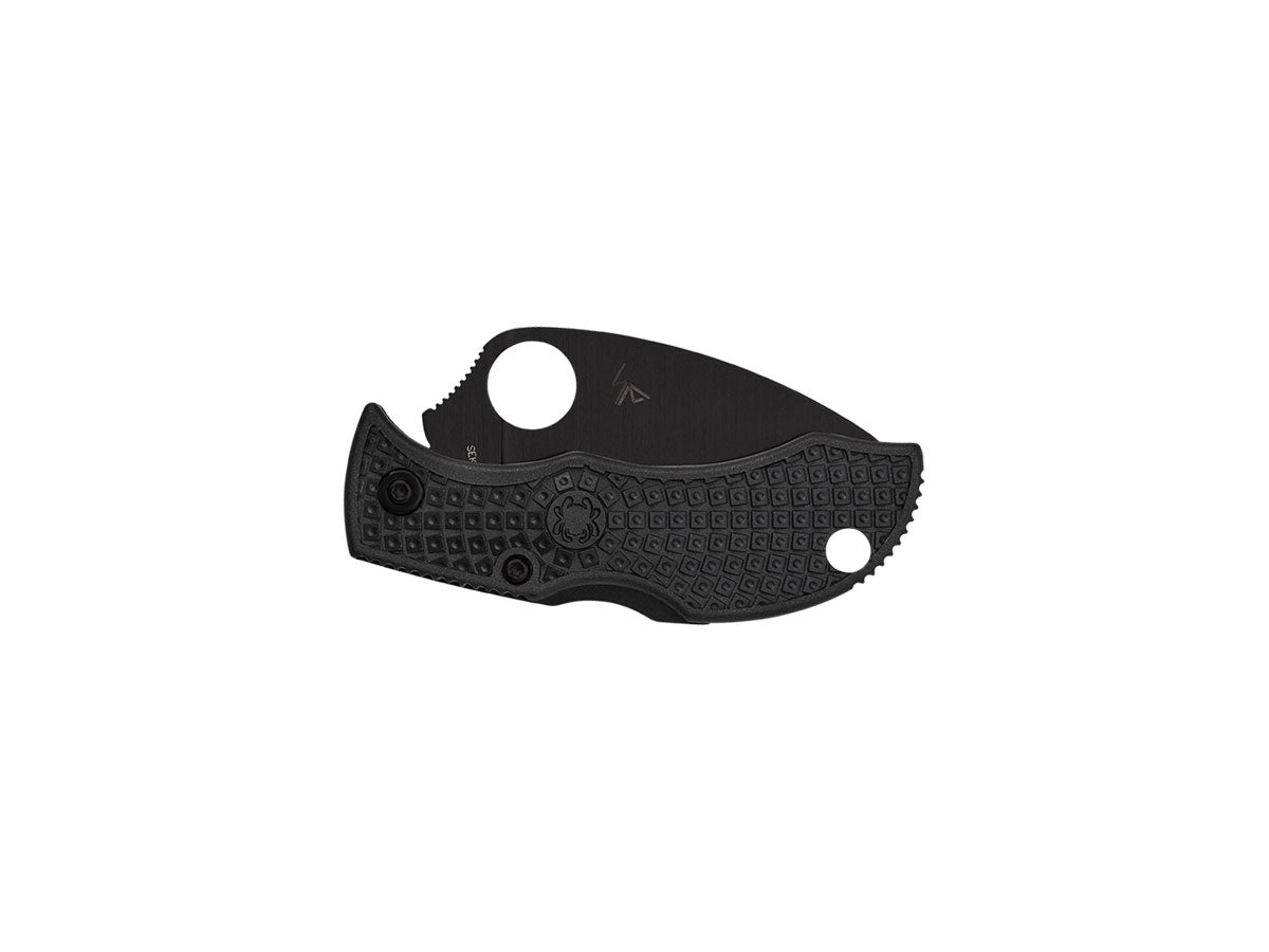Spyderco Manbug MBKWSBK dettaglio lama Wharncliffe seghettata nera e manico FRN nero portachiavi