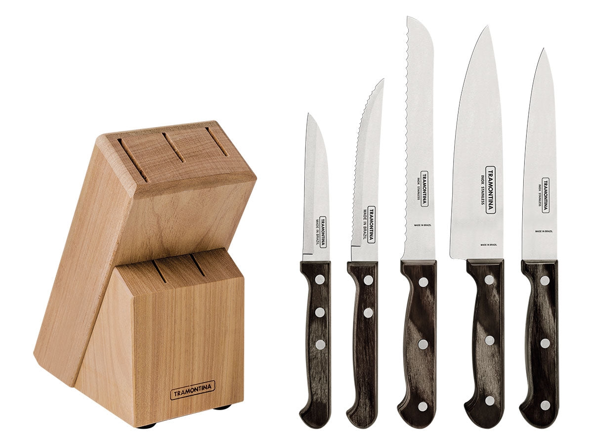 Tramontina Polywood Set Coltelli Cucina C/Ceppo 6 Pz 21199/983 Brown