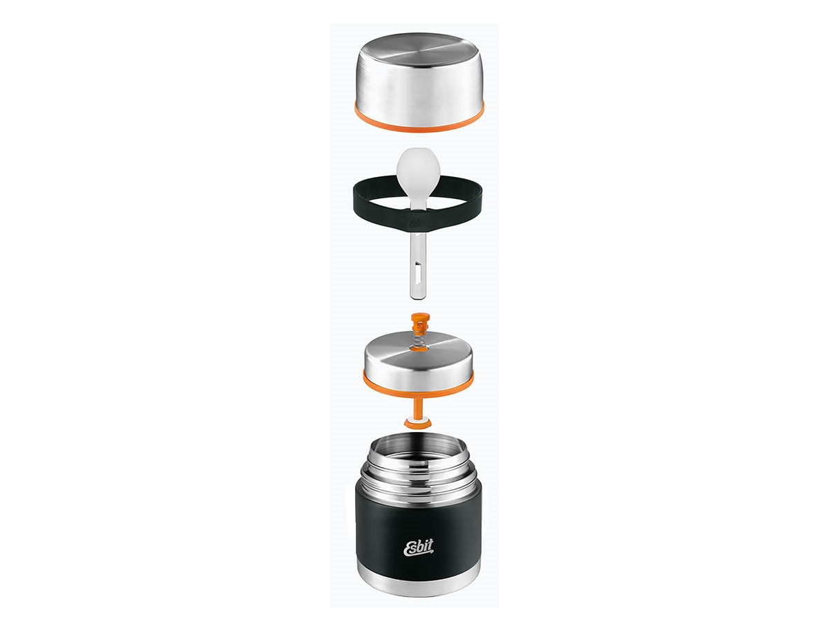 Dettaglio set posate Esbit Classic 500 ml Black fissato tramite fascia in silicone