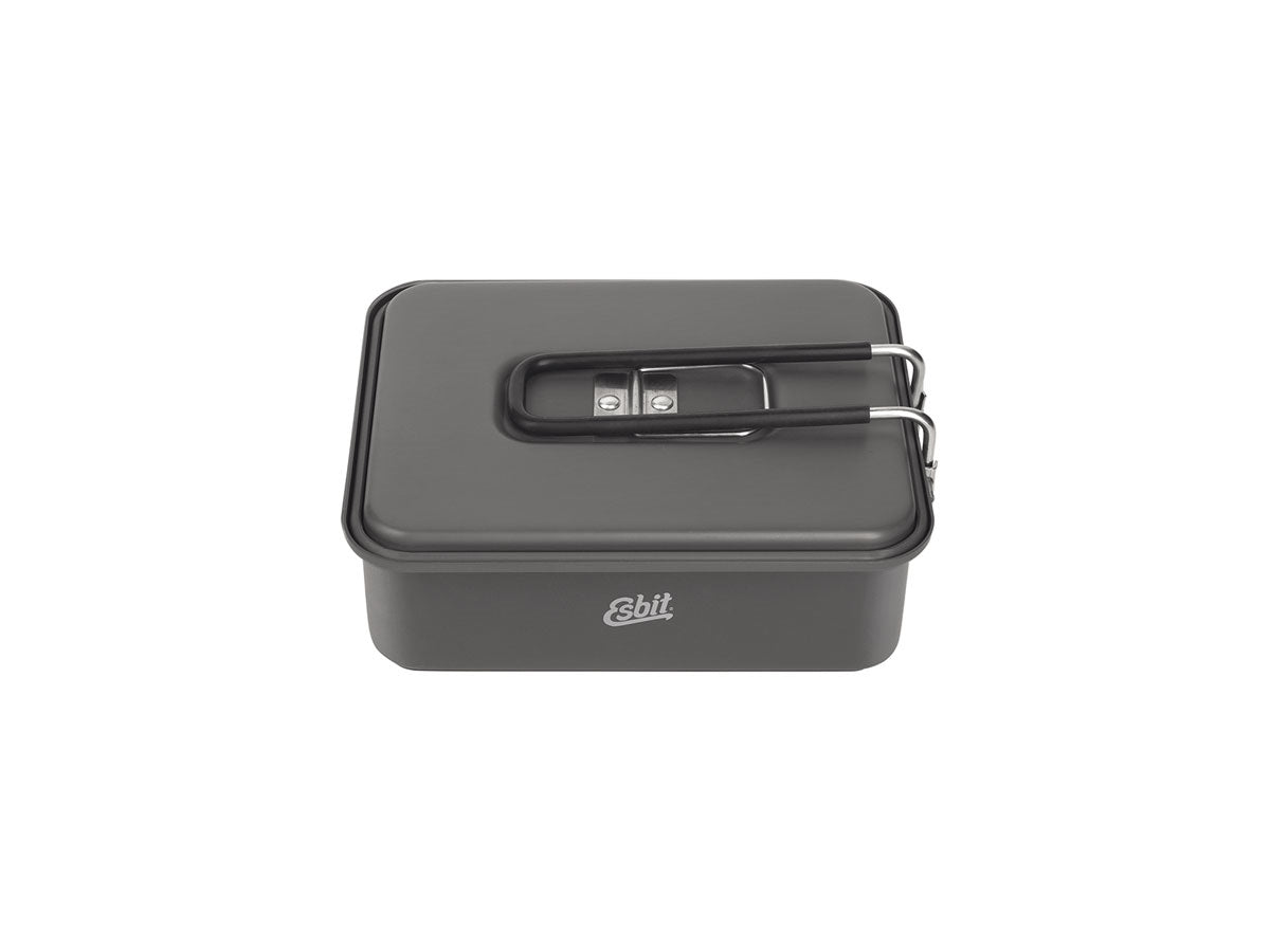 Set Esbit 1100 ml alluminio, dettaglio coperchio con gancio e manico pieghevole