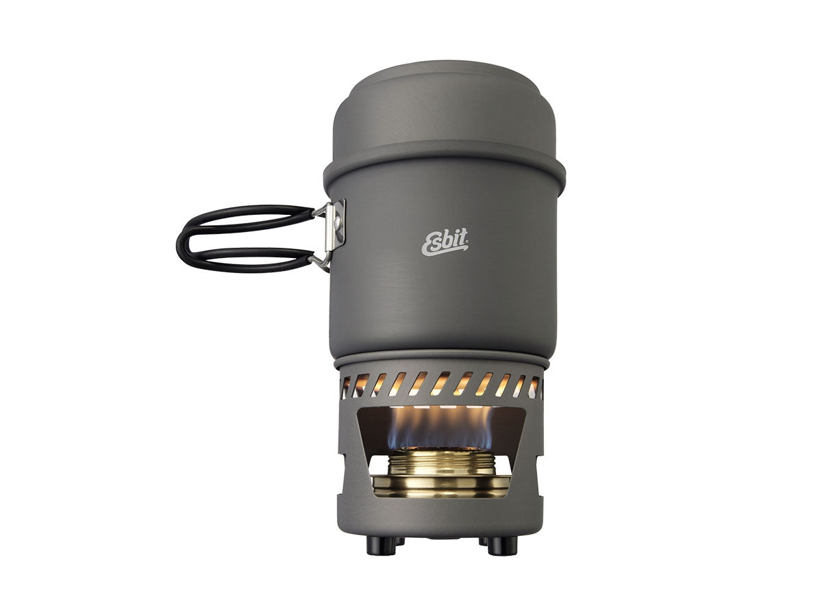 Set Esbit 985 ml + 470 ml alluminio anodizzato con fornello ad alcool, veduta aperto