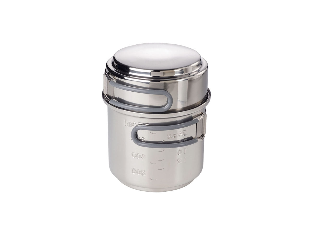 Set Esbit 985 ml acciaio, dettaglio scala graduata ml/oz e manici pieghevoli