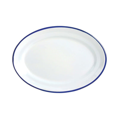Vassoio Ovale in Acciaio Smaltato Bianco Filo Blu 40x28 cm