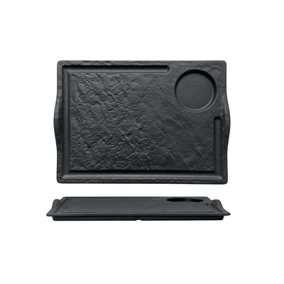 Piatto Bistecca Porcellana Effetto Pietra Nero con Raccogliliquidi 33x24 cm 2 Pezzi