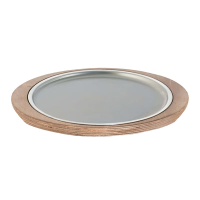 Abert Piatto Tondo Inox con Base Ovale in Legno 38x34 cm
