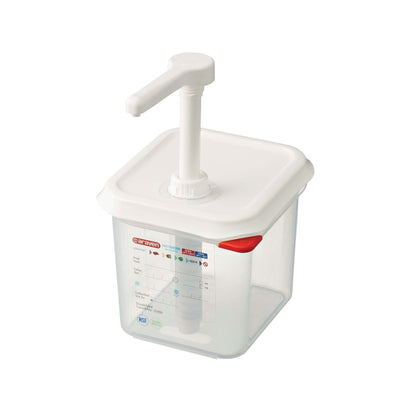Dosatore Liquidi Quadrato in Polipropilene con Coperchio e Pompa 2,6 Litri GN 1/6