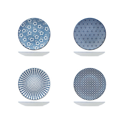 Hanami Piatto Piano Blu Decori Assortiti Ø 19 cm Confezione 4 Pezzi