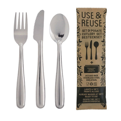 Pinti Use & Reuse Set Forchetta Cucchiaio Coltello e Tovagliolo Inox 100 Pezzi