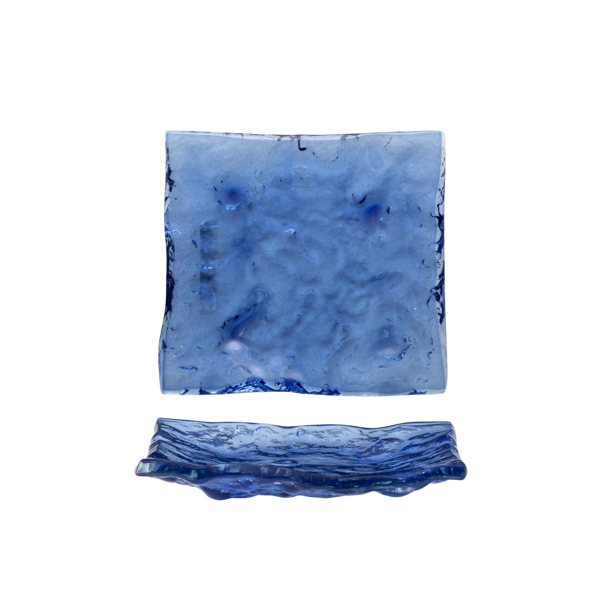 Acqua Piatto Appetizer Rettangolare Vetro Blu Lavorato a Mano 15x14 cm 2 Pezzi