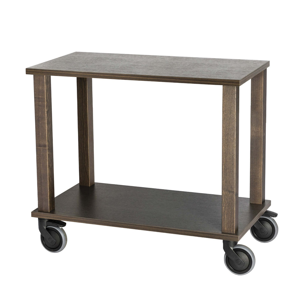 Carrello Gueridon 2 Piani in Legno Rovere Scuro con Ruote Frenanti 90 x 50 cm H 80 cm