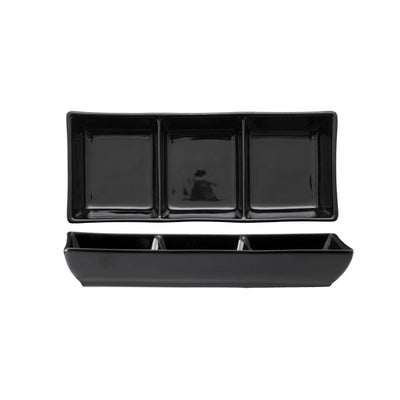 Vassoio Rettangolare 3 Scomparti New Bone China Nero Lucido 16,7x7 cm 6 Pezzi