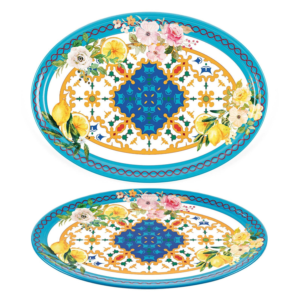 Flower and Lemon Vassoio Ovale in Melamina 50x36 cm 2 Pezzi