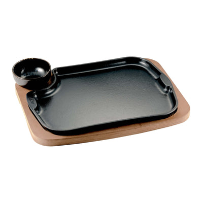 ILSA Vassoio in Legno 32x24 cm con Piatto in Ghisa 30x23 e Coppetta in Porcellana