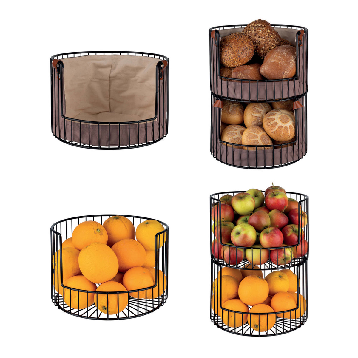 Paderno Cesta Pane e Frutta Impilabile Metallo Nero con Fodera in Cotone Ø 27,5 cm H 18,5