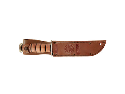 Ka-Bar USMC Presentation Grade 1215 dettaglio manico pelle guardia ottone oro fodero cuoio