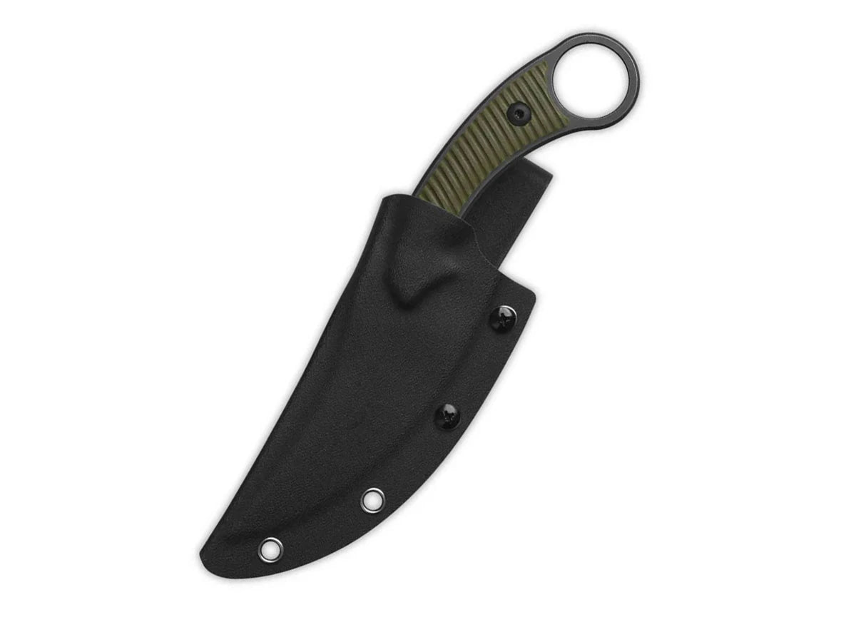 Dettaglio lama 10Cr15MoV black QSP Viper G-10 verde OD 120 g Kydex