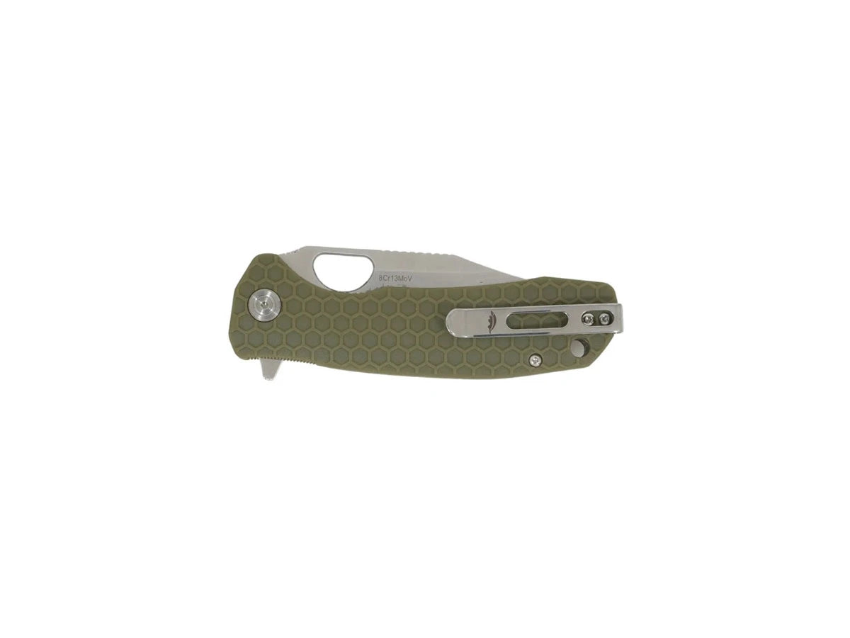 Honey Badger Clip Point Medium HB4071 verde, dettaglio manico FRN e flipper