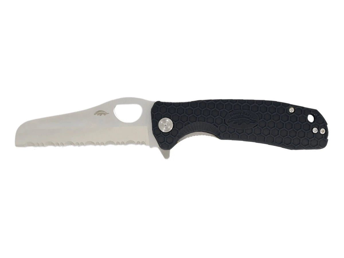 Honey Badger Rescue Large Serrated FRN nero HB1741, lama sheepsfoot seghettata apertura cuscinetti