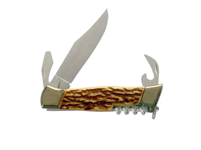 Coltello folding 4 attrezzi manico finto cervo e ottone chiuso 11,5 cm Made in Italy