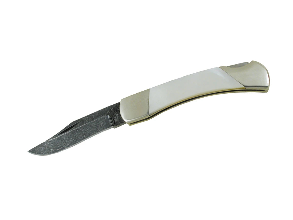 Bear MGC Damascus Folder 805D lama clip point damascata 6,5 cm manico madreperla liners ottone totale 16,5 cm