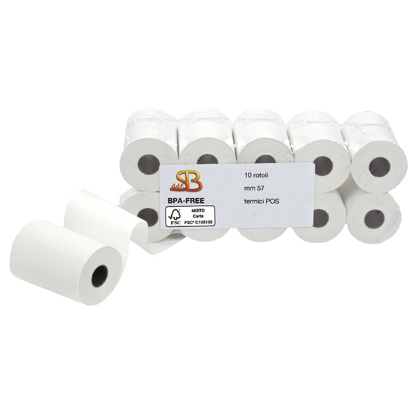 Rotolo per POS e carta di credito - 57 mm x 18 m - 55 gr - diametro esterno 38 mm - anima 12 mm - carta termica BPA free - Sabacart - blister 10 pezzi
