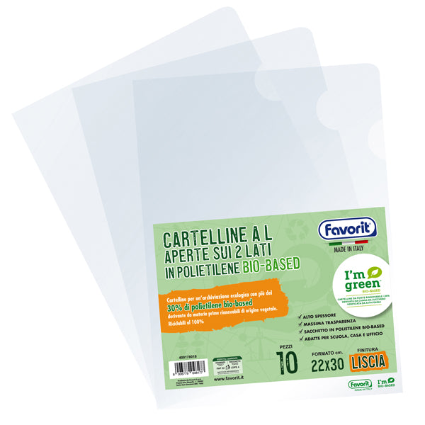 Cartellina a L BioBased - 22 x 30 cm - PE riciclato - liscio pesante - trasparente - Favorit - conf. 10 pezzi
