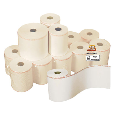 Rotolo per bilancia - 57 mm x 38 m - 112 gr - diametro esterno 82 mm - anima 25 mm - carta termica adesiva BPA free - Sabacart - blister 4 pezzi