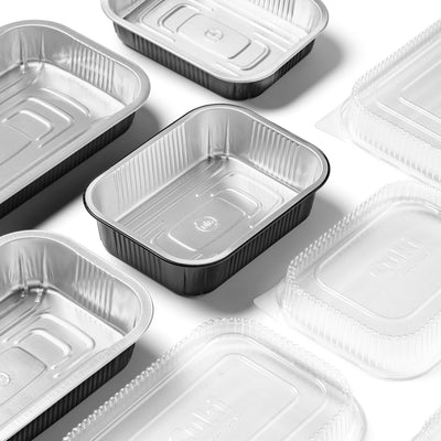 Contenitore alluminio stirato - c/coperchio R-PET - 4 porzioni - 26,5 x 16,2 x 3,7 cm - Cuki Professional - conf. 25 pezzi