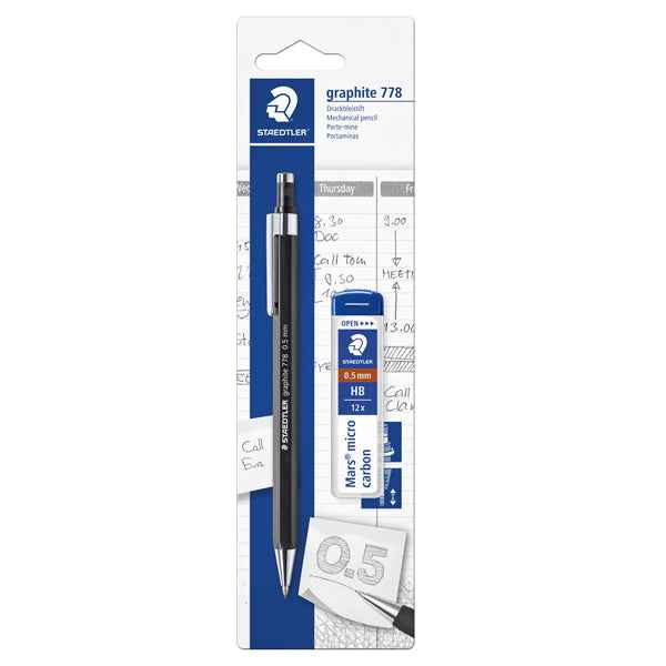 Portamine Grafite 778 - mina 0,5 mm - con astuccio 12 mine - fusto nero opaco - Staedtler