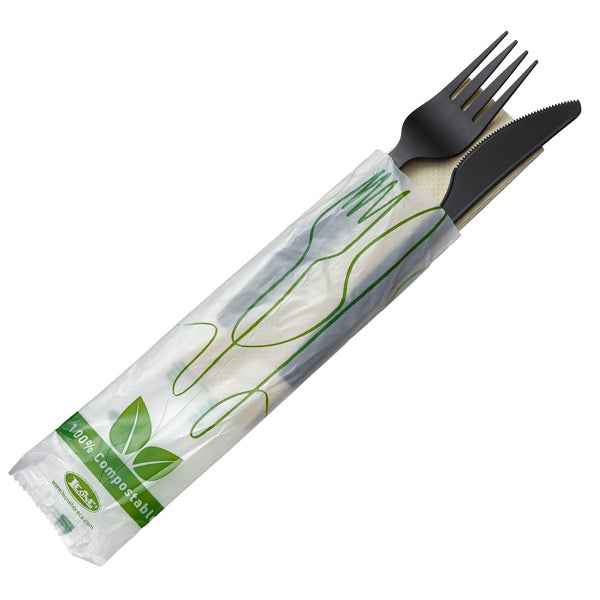 Bis coltello e forchetta - CPLA - con tovagliolo - nero - Leone - conf. 250 pezzi
