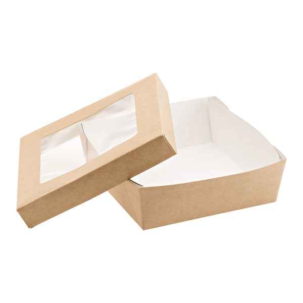 Scatola da asporto - con finestra trasparente - 14 x 14 x 5 cm - carta kraft/PE - avana - Leone - conf. 25 pezzi
