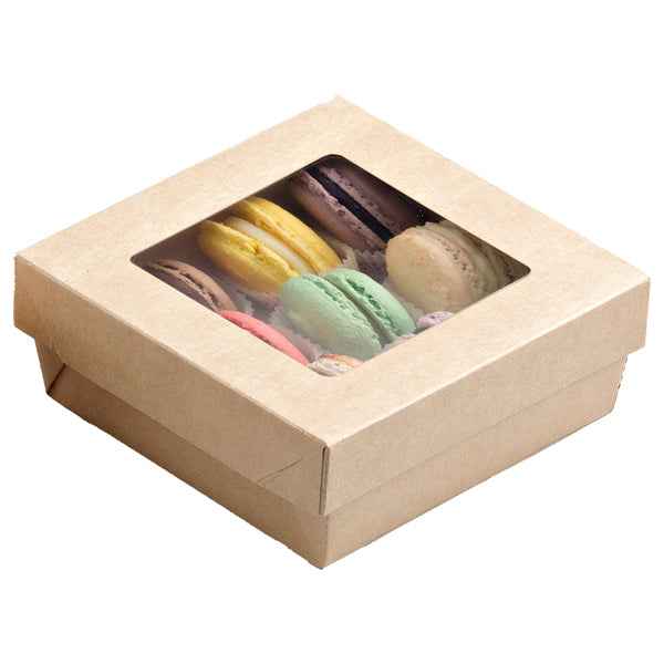 Scatola da asporto - con finestra trasparente - 14 x 14 x 5 cm - carta kraft/PE - avana - Leone - conf. 25 pezzi