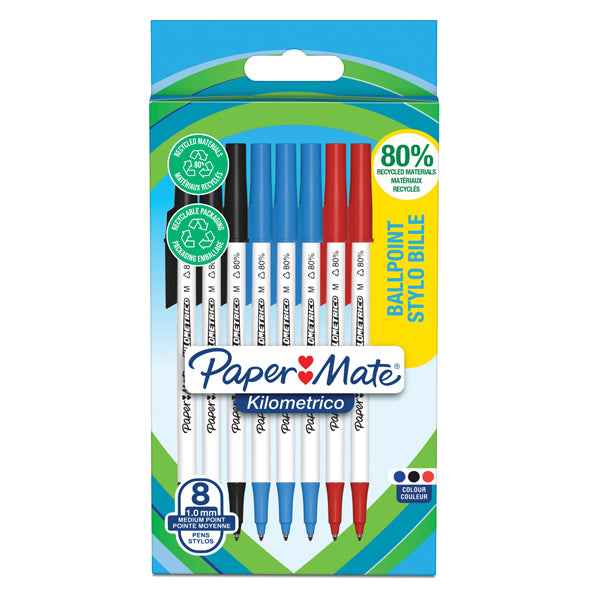 Penna sfera - cappuccio - Kilometrico Recycled - punta 1,0 mm - colori assortiti - Papermate - conf. 8 pezzi