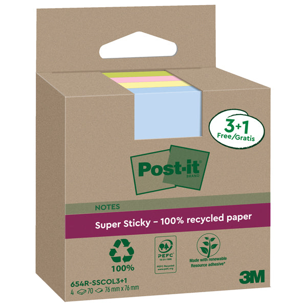 Blocco foglietti Post-it SuperSticky Green - 654R-SSCOL3+1 - 76 x 76 mm -  carta riciclata - colori pastello assortiti - 70 fogli - Post-it - conf. 4 blocchi